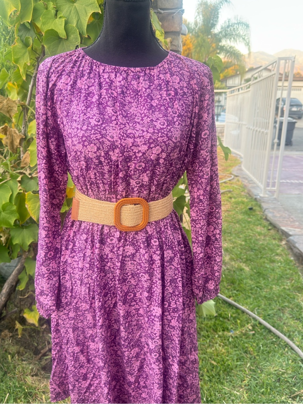 Women's Purple Floral Long Sleeve Midi Dress with Belt